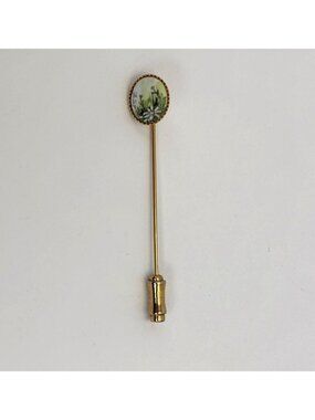 Vintage Gold Tone Victorian Style Micro Porcelain Mosaic Floral Oval Stick Pin